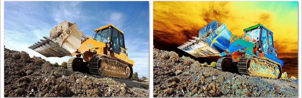 Solarisation Ein Bagger hebt Erde auf einer Baustelle. Links ist das Bild in natürlichen Farben, rechts in intensiven, unrealistischen Farbtönen. Der Bagger ist robust und sieht in beiden Bildern ähnlich aus, während der Hintergrund unterschiedliche Himmel zeigt.