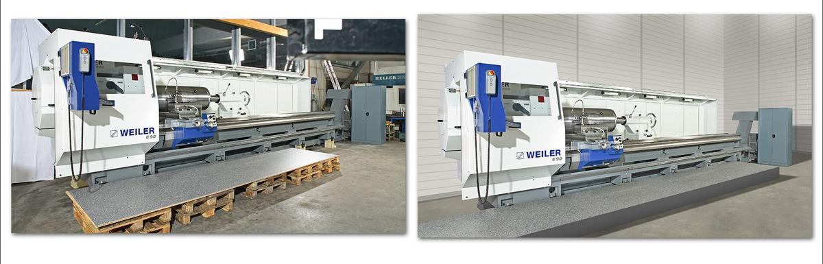 Drehbank Zwei Ansichten einer großen Maschinenbearbeitungsanlage, die auf einem stabilen Untergrund steht. Die Maschine hat ein geclöntes Design mit einem blauen Bedienfeld und verschiedenen Steuerungen. Der Hintergrund zeigt eine Werkstattumgebung mit neutralen Wänden und indirekter Beleuchtung.