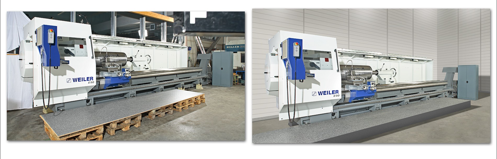 Zwei Ansichten einer großen Maschinenbearbeitungsanlage, die auf einem stabilen Untergrund steht. Die Maschine hat ein geclöntes Design mit einem blauen Bedienfeld und verschiedenen Steuerungen. Der Hintergrund zeigt eine Werkstattumgebung mit neutralen Wänden und indirekter Beleuchtung.