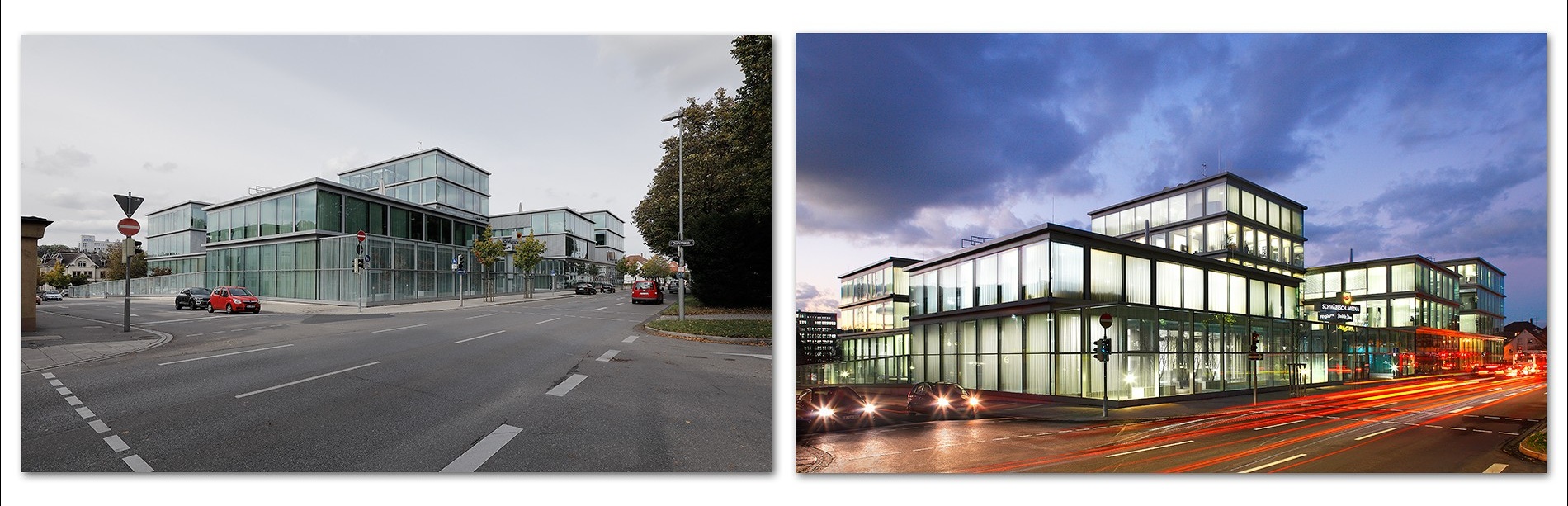Redaktionsgebaeude Zwei Ansichten eines modernen Glasgebäudes, einmal tagsüber mit bewölktem Himmel und einmal abends mit beleuchtetem Äußeren und dramatischem Himmel. Das Gebäude hat eine klare, geometrische Form und ist von einer Straße umgeben.
