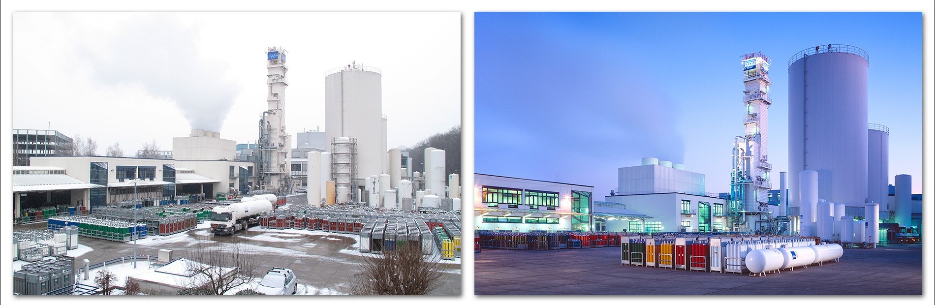 Zwei Industrielandschaften nebeneinander. Links eine Fabrik mit Schnee und rauchenden Schornsteinen. Rechts eine modernere Anlage bei Dämmerung, erleuchtet durch künstliches Licht, mit großen Lagertanks und verschiedenen Behältern im Vordergrund.