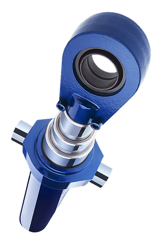 Eine technische Verbindungseinheit in Blau und Silber, die eine Kugelgelenkstruktur aufweist. Sie ist für mechanische Anwendungen konzipiert und zeigt einen gewundenen Körper mit sichtbaren metallischen Verbindungselementen.
