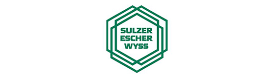 Logo von Sulzer Escher Wyss, das aus einem hexagonalen Rahmen in grüner Farbe besteht. Im Inneren steht der Schriftzug "SULZER ESCHER WYSS" in Großbuchstaben.